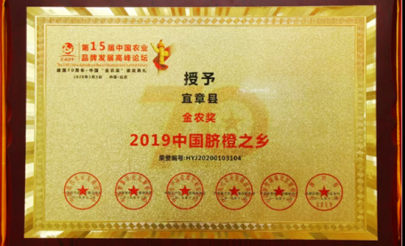 宜章县荣获“金农奖，2019中国脐橙之乡”
